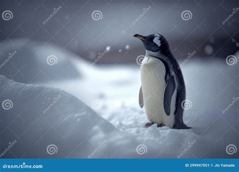 Chinstrap Penguin Standing on Snow with Falling Snowflakes Stock ...