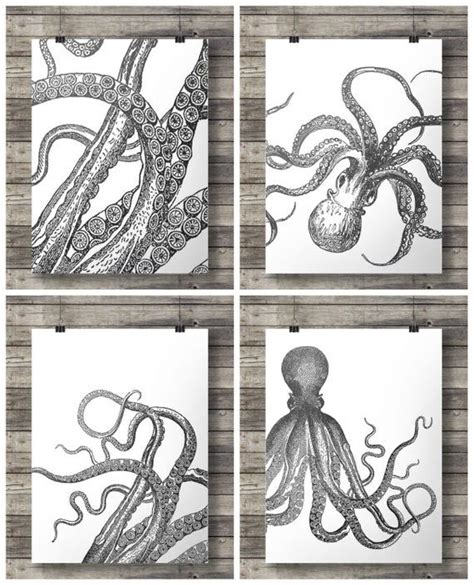 Octopus Prints Black White Tentacles Kraken Nautical Art set of Four ...