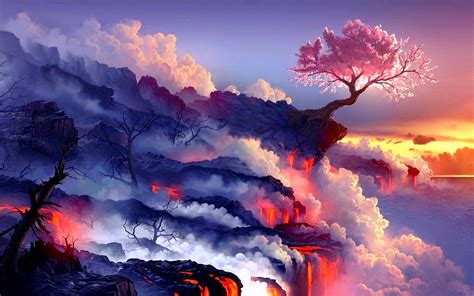 Tree on edge with flowing lava illustration, sunset, fantasy art, lava, trees HD wallpaper ...