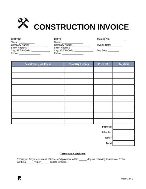 Free Construction Invoice Template - PDF | Word – eForms