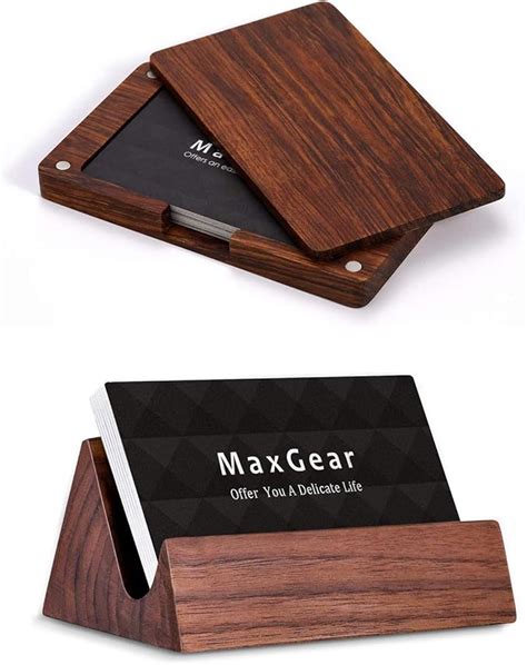 Amazon.com : Bundle 2 Set -MaxGear Business Card Holder Wood Business Card Holders，Desk Business ...