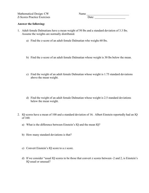 Z Score Practice Worksheet - Abhayjere.com