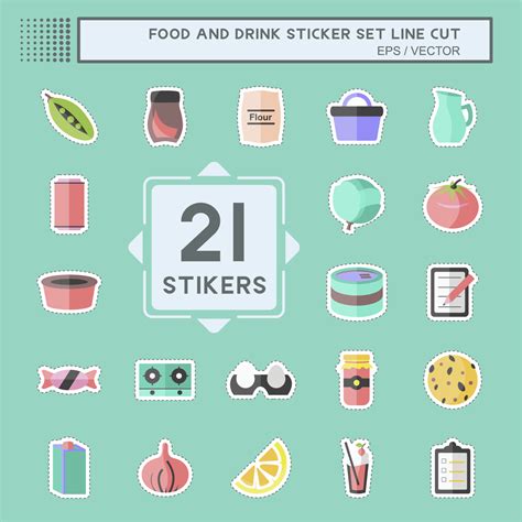 Food and Drink Sticker Set in trendy line cut isolated on blue ...