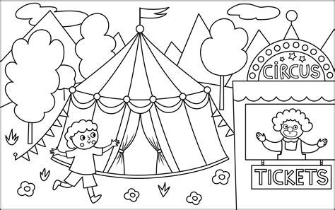 Vector black and white scene with circus marquee, boy running to the ...