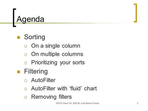 MOUG March 26, 2003 By Judy Barnes Dooley1 Excel: Sorting and Filtering Data Judy Barnes Dooley ...