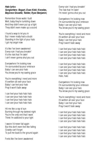 Halo Lyrics | Singles | Popular Music