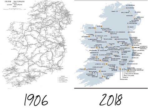 Irish rail network 1906 compared to 2018 : r/MapPorn