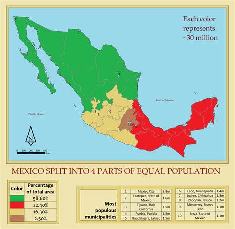 Mexico split into 4 areas of equal population : r/MapPorn