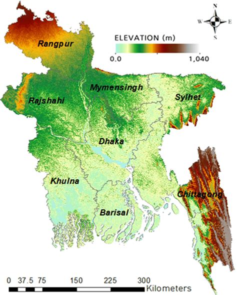 The elevation map of Bangladesh (data source: https://SRTM.csi.cgiar.org). | Download Scientific ...