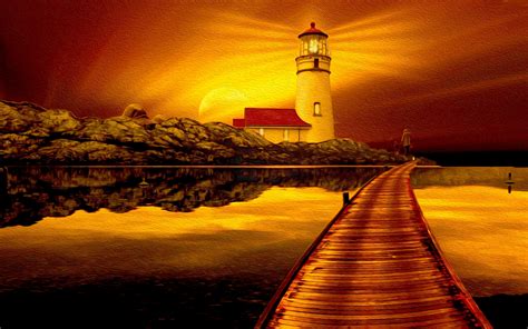 Download Golden Ocean Pier Lighthouse Earth Artistic Sunset HD Wallpaper