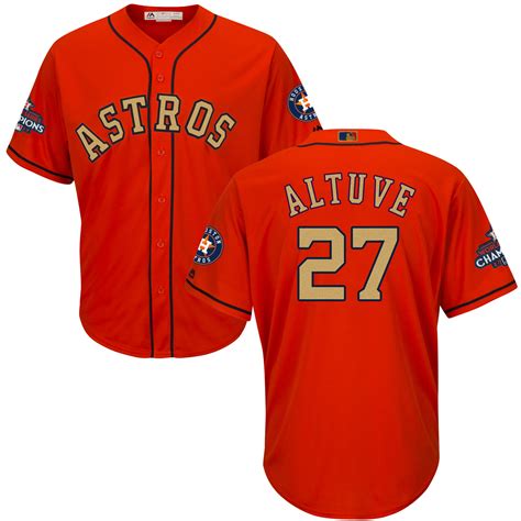 Men #27 Jose Altuve Jersey Sewn on Orange Houston Astros Champions Gold ...