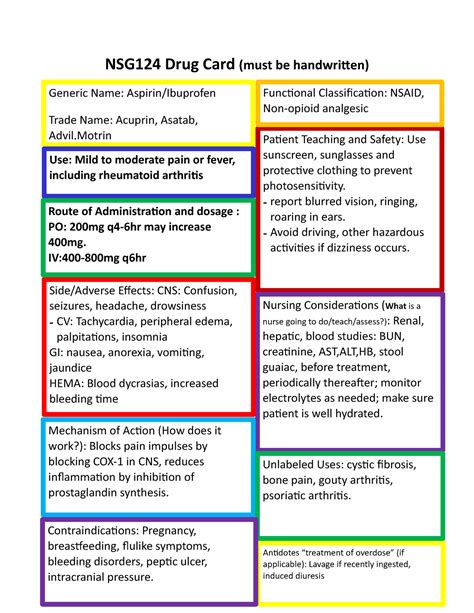 Aspirin - Drug card - NSG124 Drug Card (must be handwri9en) Pa#ent Teaching and Safety: Use ...