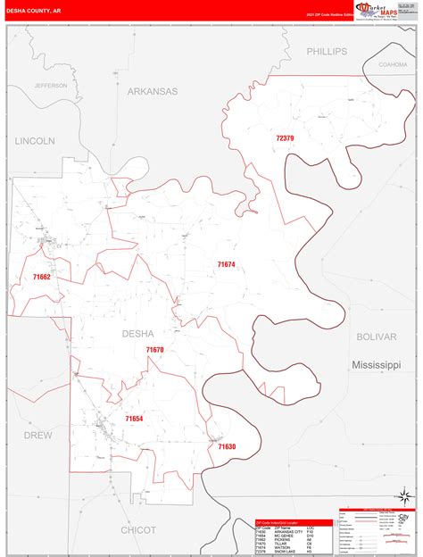 Desha County, AR Zip Code Wall Map Red Line Style by MarketMAPS ...