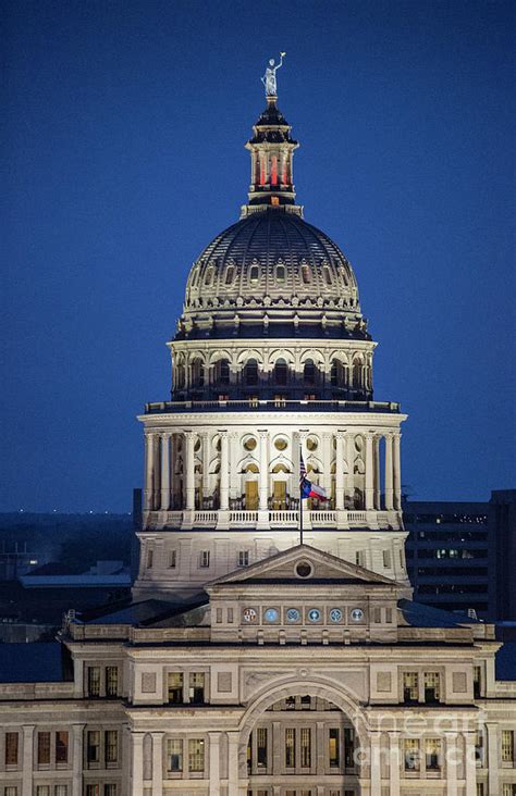 Texas State Capitol Dome aerial view at dusk with cool blue skies ...