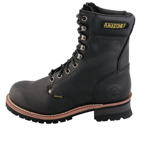 AMAZONE Men's Logger Work Boot, Premium Black Full Grain Leather ...