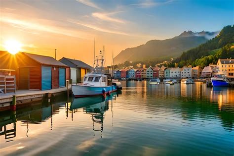 Premium Photo | A boat in the harbor at sunset