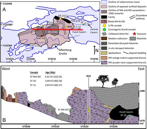 Map and cross section of Sterkfontein showing sample locations. (A) Map ...