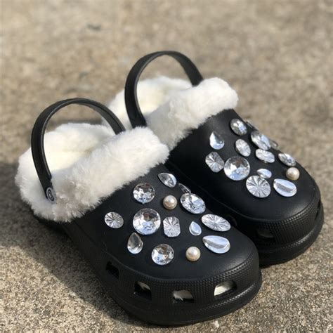 Women's Black Fur Clogs with Rhinestone Decor