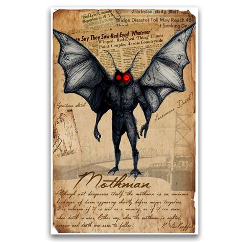 Mothman cryptid art, urban legend bestiary cryptozoology science journal art, monsters and ...