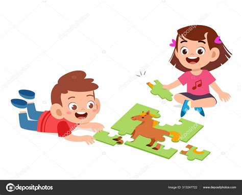 Happy cute kids play solve puzzle together Stock Vector Image by ...