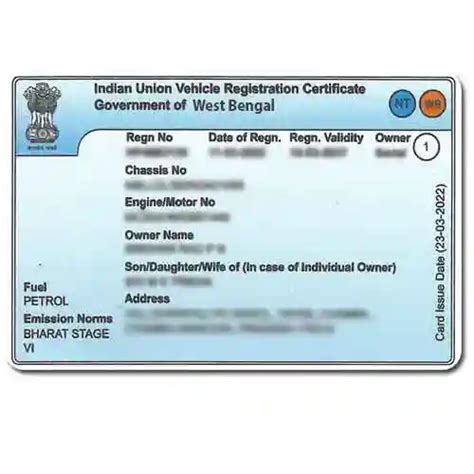 Printed on PVC: West Bengal Vehicle Registration Certificate (RC)