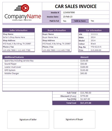 Car Rental Invoice Template Excel