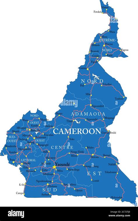 Carte vectorielle très détaillée du Cameroun avec régions administratives, principales villes et ...