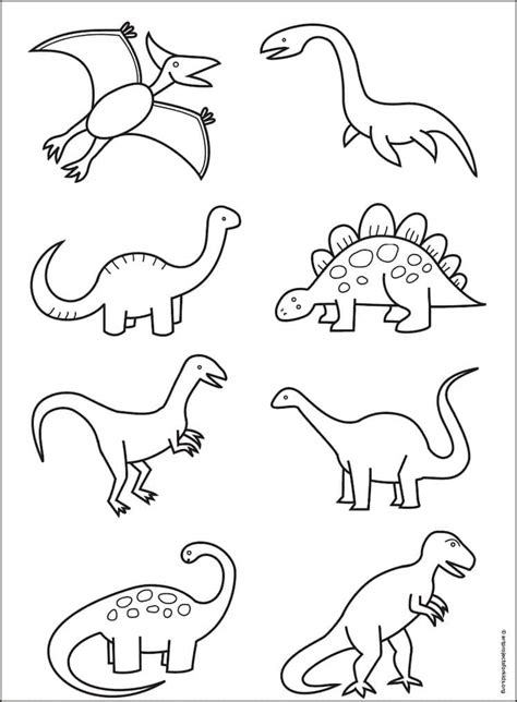 Easy How to Draw Simple Dinosaurs Tutorial & Dinosaur Coloring Page