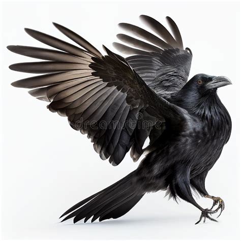 Black Raven Spread Its Wings Isolated on White, Close-up. Beautiful ...