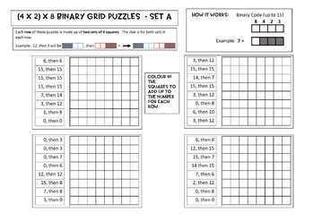 Binary Number Grid Puzzles - (4 x 2) x 8 grids, 12 puzzles, Notes, answers incl.