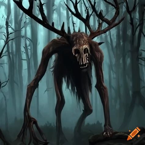 A realistic wendigo standing in a dark haunted forest on Craiyon