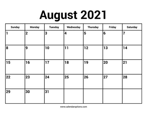 August 2021 Calendars – Calendar Options