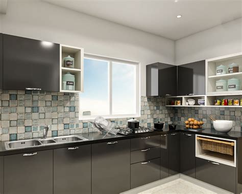 Compact Kitchen Design With Blue And Grey Patterned Wall Dado Tiles ...