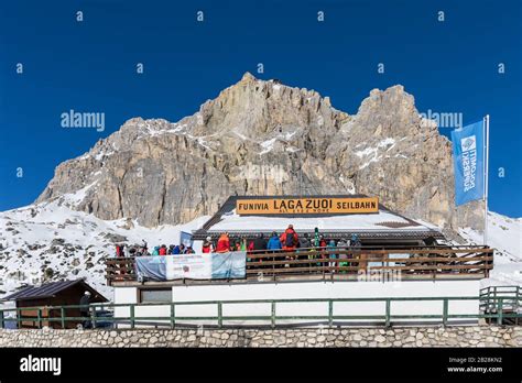 Lagazuoi cable car (funivia, seilbahn) station at Falzarego Pass ...