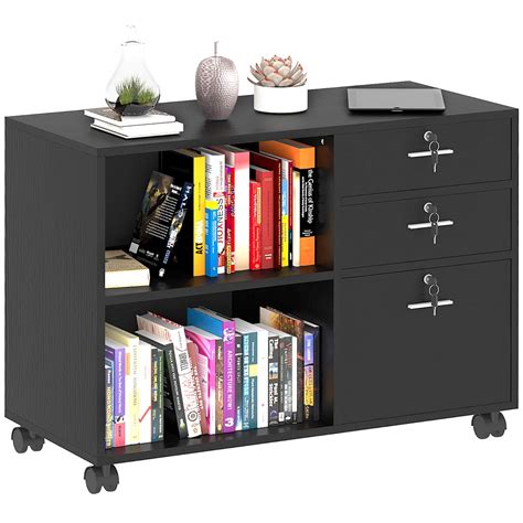 DWVO Lateral File Cabinet 3 Drawer with Lock Shelf Storage Home Office Wood Organizer Black ...