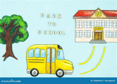 Top View Colorful Drawing School Building with Bus and Tree. Back To ...