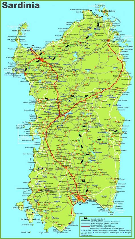 Large detailed map of Sardinia with cities, towns and roads