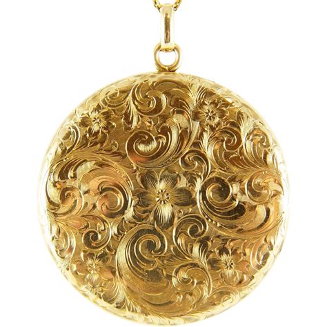 Antique X-Large 14K Gold Edwardian Floral Engraved Locket Pendant SOLD on Ruby Lane