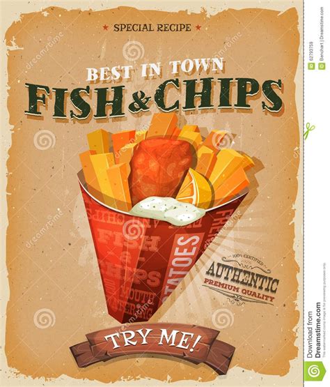 Grunge And Vintage Fish And Chips Poster Stock Vector - Image: 62793759 Candy Labels, Food ...