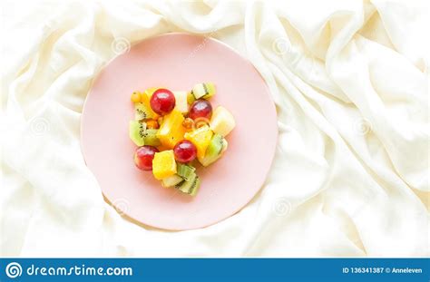 Juicy Fruit Salad on Silk, Flatlay - Healthy Lifestyle and Breakfast in Bed Concept Stock Image ...
