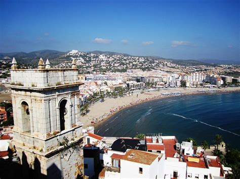 Gorgeous Panoramic View Of Peniscola Castle Bell Tower And Mediterranean Beach In Spain ...