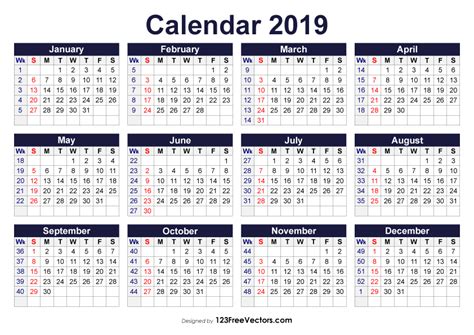 Printable 2019 Calendar With Week Numbers - Gambaran