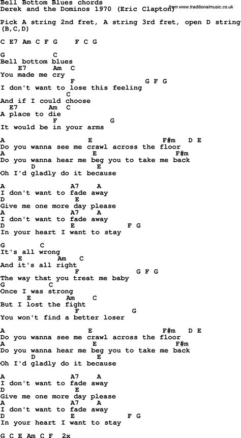 Song lyrics with guitar chords for Bell Bottom Blues