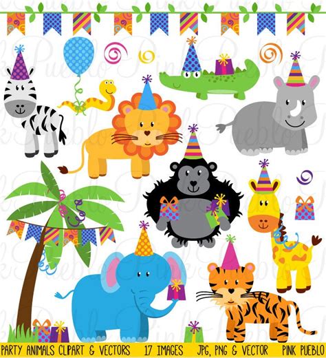 Birthday Party Animals Clipart and Vectors - PinkPueblo | Animal party ...