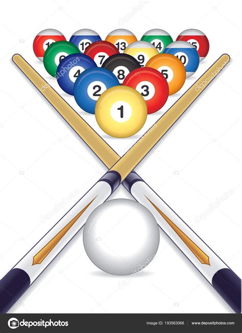 Billiard balls and cue ball with cue sticks crossed on white background ...