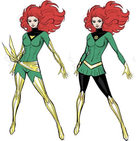 two female superheros with red hair and green outfits, one in black and ...