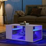 Hommpa White Coffee Table with LED Lights Living Room Table Glass Open Shelves High Gloss ...