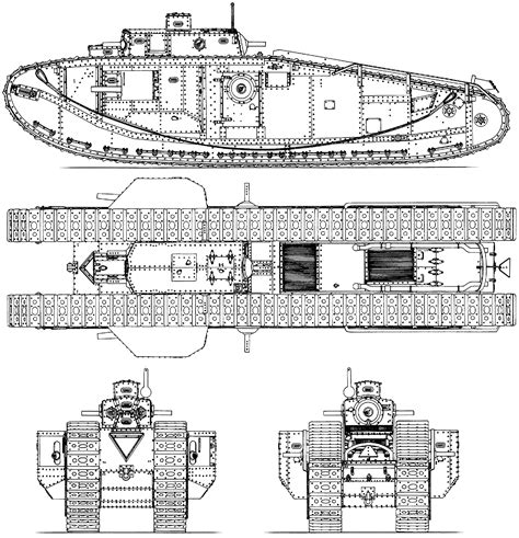 Tank Mark VIII Blueprint - Download free blueprint for 3D modeling