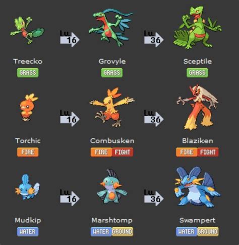 hoen starters and what level they evolve at.Whats your number one mines mudkip | Pokémon Amino