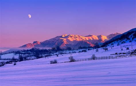 Moon, twilight, field, sunset, winter, mountains, snow, fog, dusk, countryside, farm, Romania ...